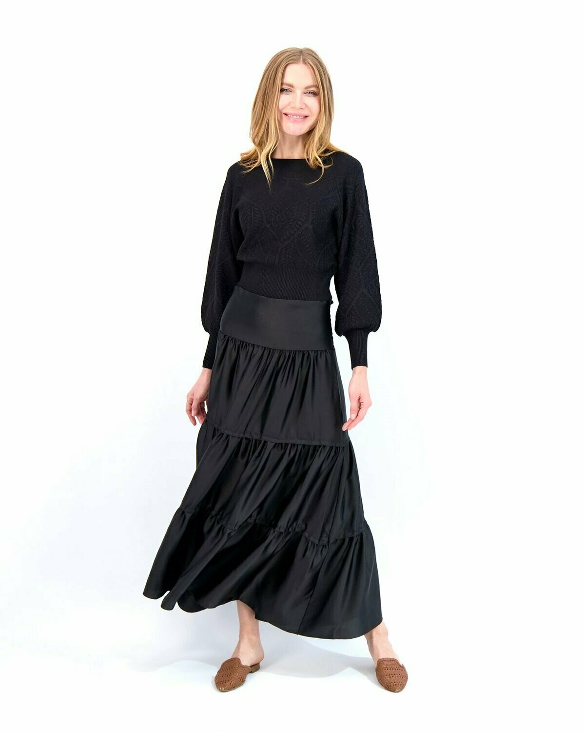 Satin black long tiered skirt