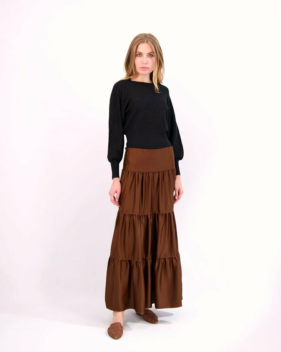 Satin camel long tiered skirt
