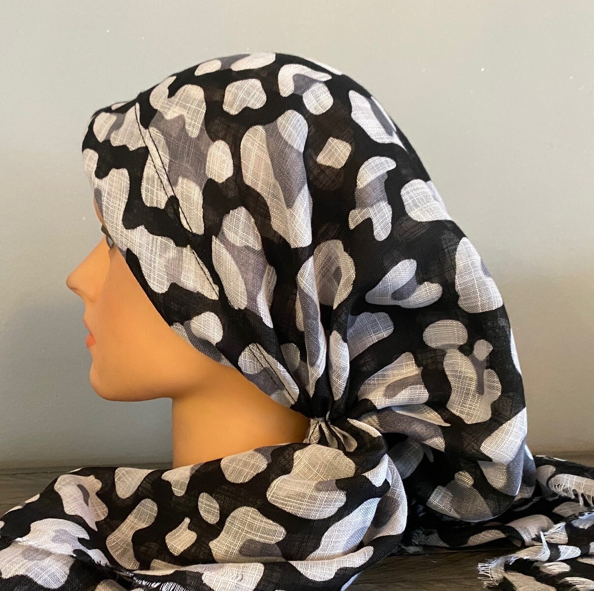 Black/white leopard - soft fringes pretied tichel w/band sewn in