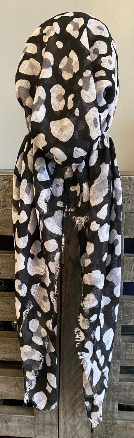 Black/white leopard - soft fringes pretied tichel w/band sewn in