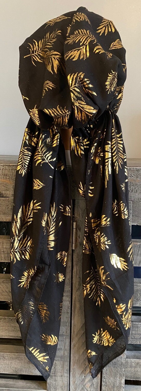 Black w/gold metallic leaves pre-tied  w/band sewn in