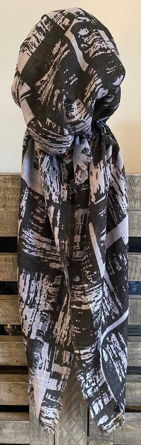 Black/gray tie dyed - soft fringes pretied tichel w/band sewn in