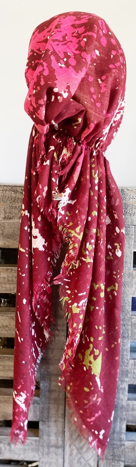 Cranberry splattered  - soft fringes pretied tichel w/band sewn in
