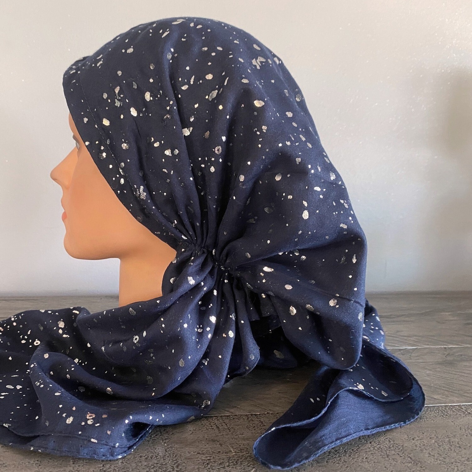 Navy/silver - paint spattered pre-tied tichel