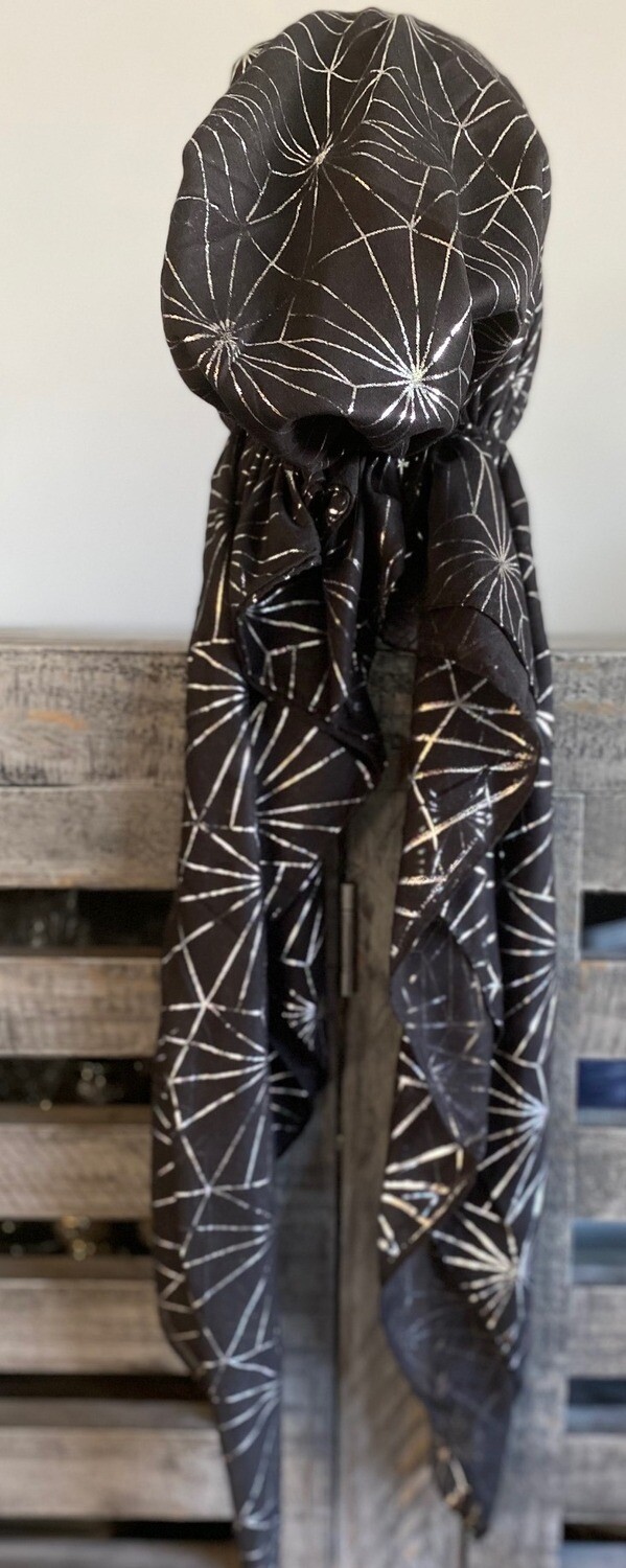 Black/silver - patterned pre-tied tichel w/band sewn in