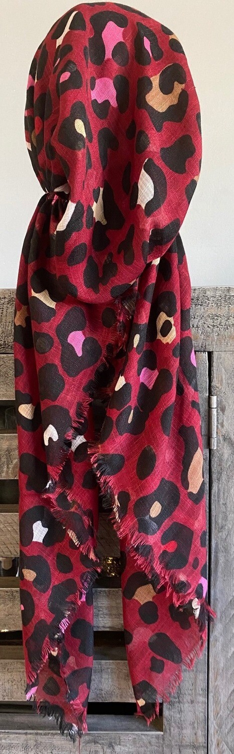 Burgundy leopard  - soft fringes pretied tichel w/band sewn in
