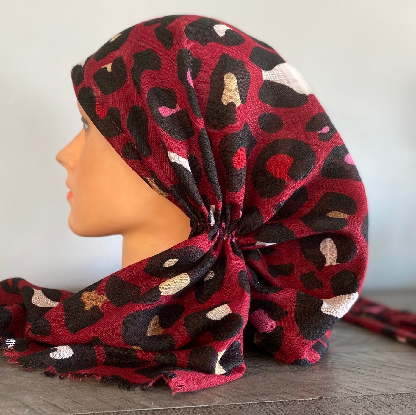 Burgundy leopard  - soft fringes pretied tichel w/band sewn in