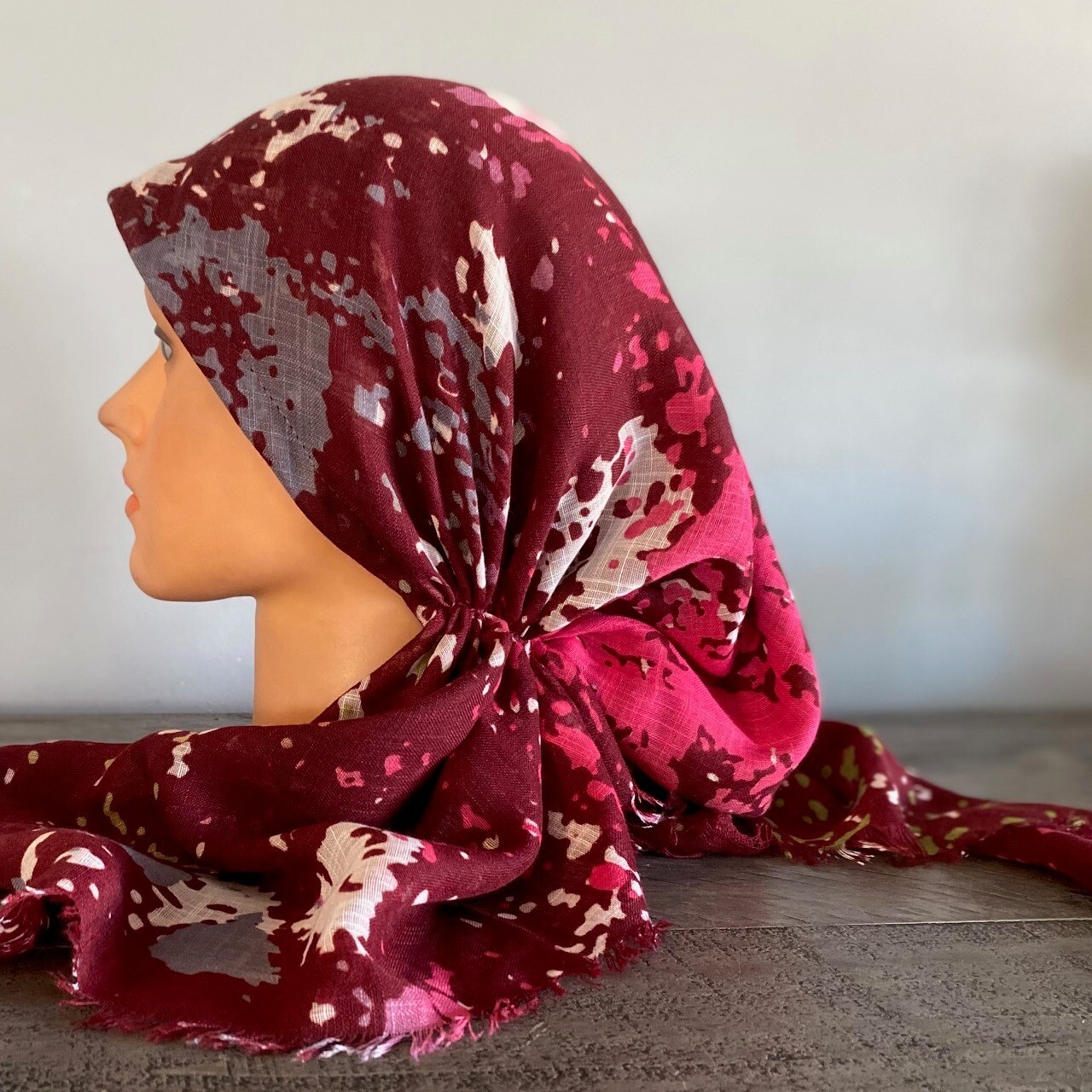 Cranberry splattered  - soft fringes pretied tichel