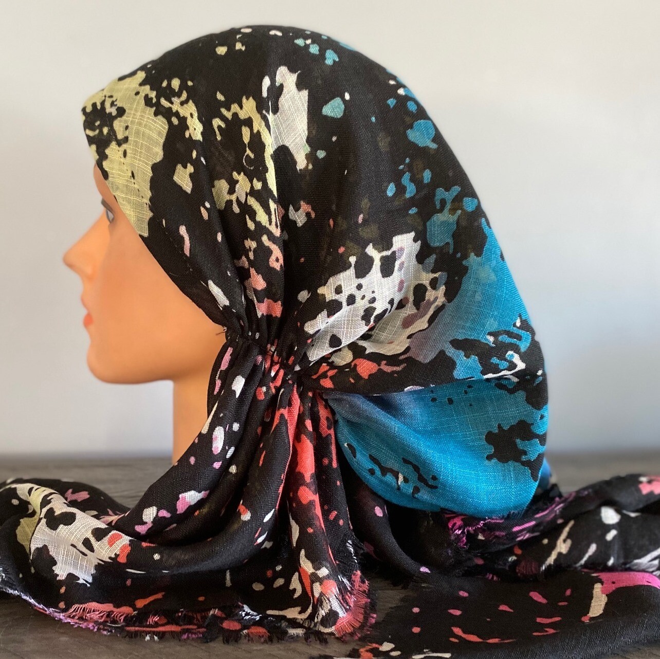 Black/teal and more splattered  - soft fringes pretied tichel