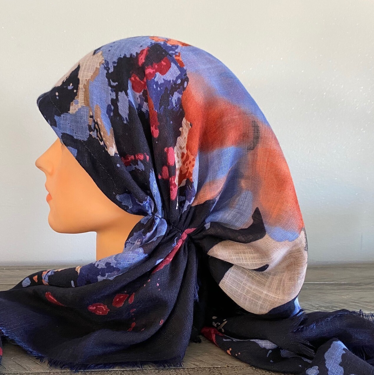 Navy/peach n&#39; more floral - soft fringes pretied tichel