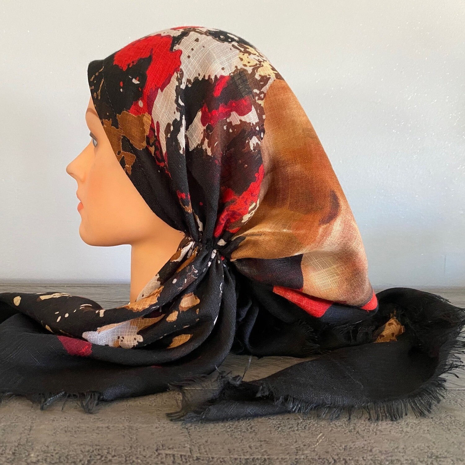 Black/red floral - soft fringes pretied tichel