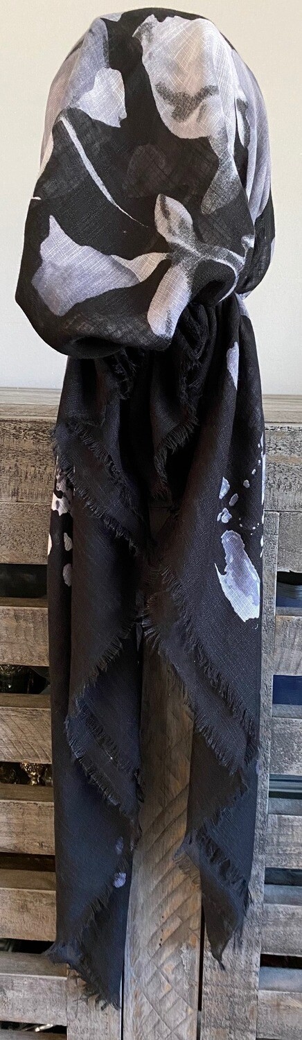 Black/gray floral - soft fringes pretied tichel