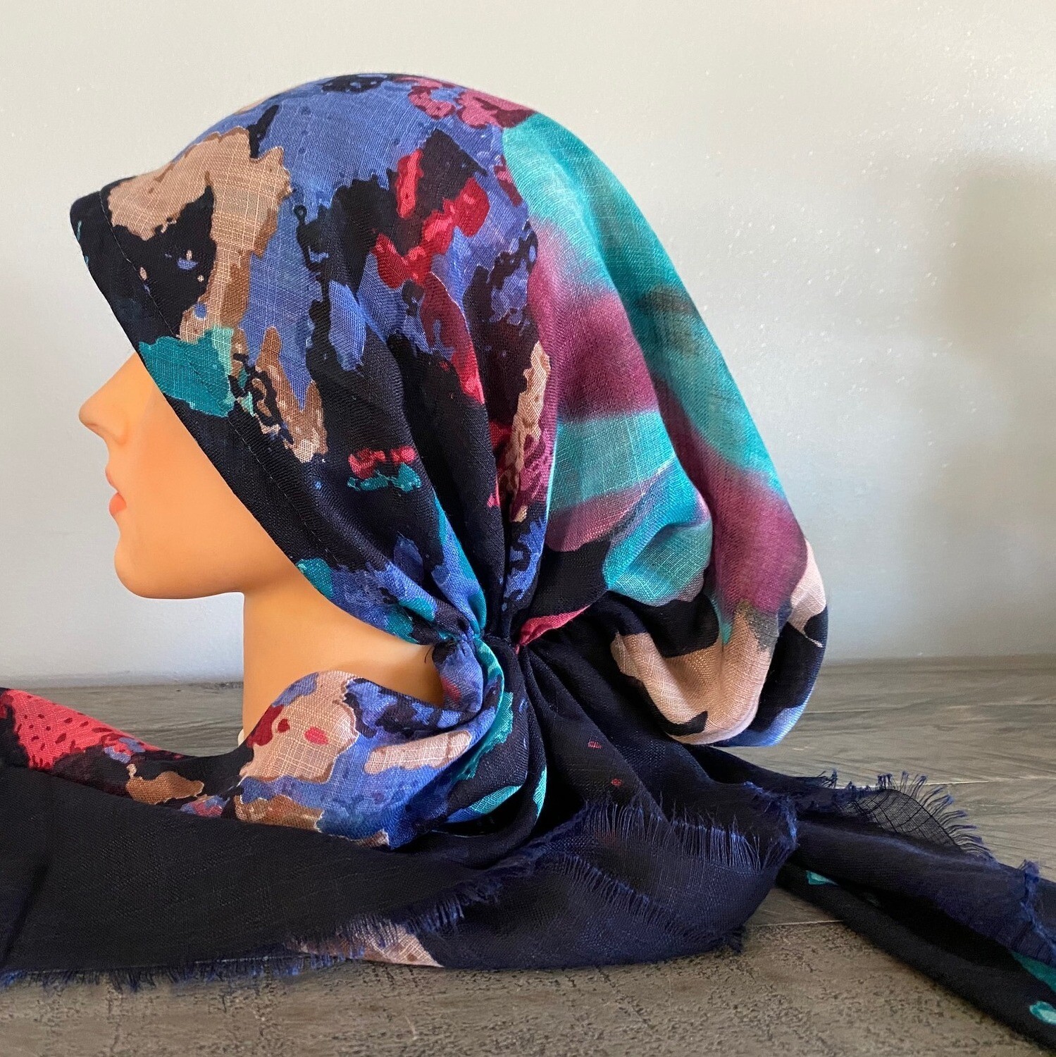 Navy/teal n&#39; more floral - soft fringes pretied tichel