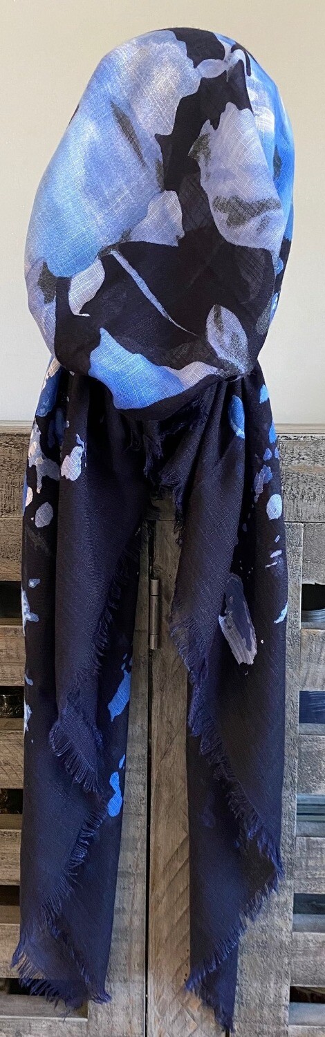 Navy/light blue floral - soft fringes pretied tichel