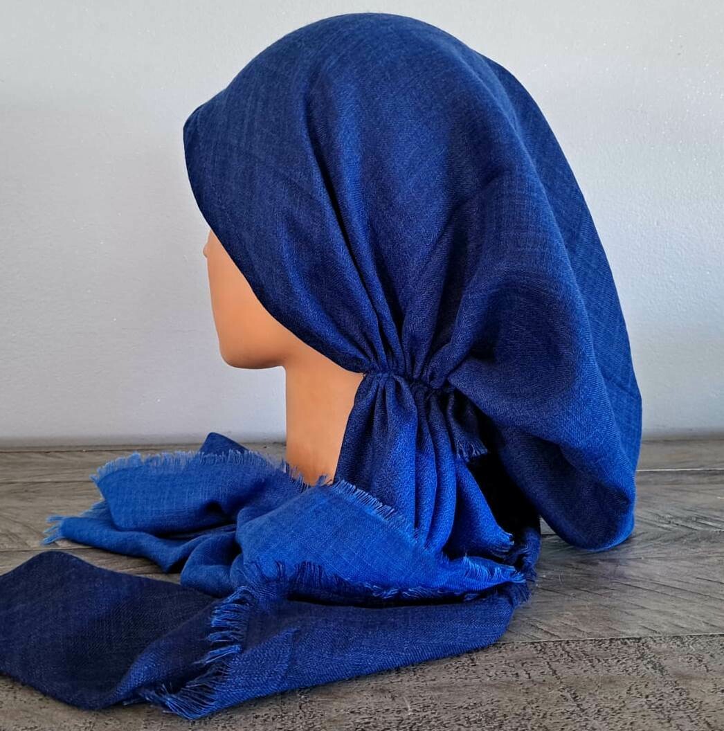 Dark blue shaded - soft fringes pretied tichel