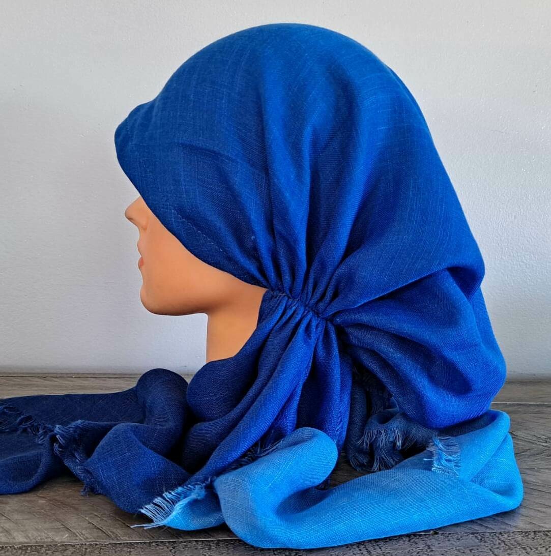 Blue shaded - soft fringes pretied tichel