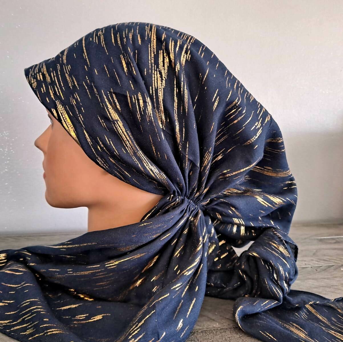 Navy/gold - streaks pre-tied tichel