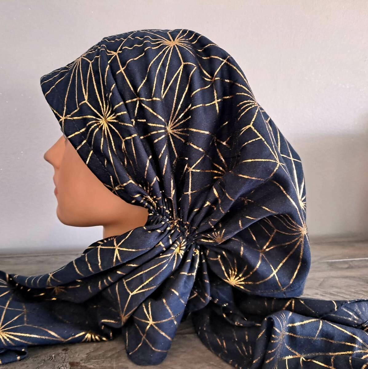 Navy/gold - patterned pre-tied tichel