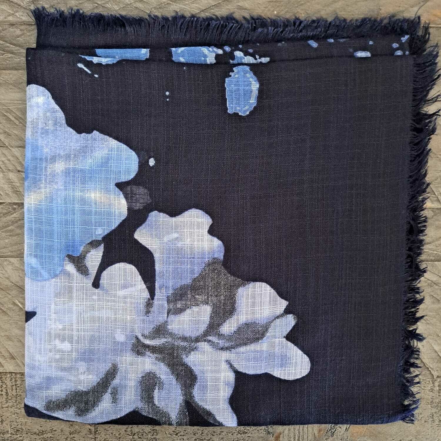 Dark navy/light blue floral - soft fringes tichel