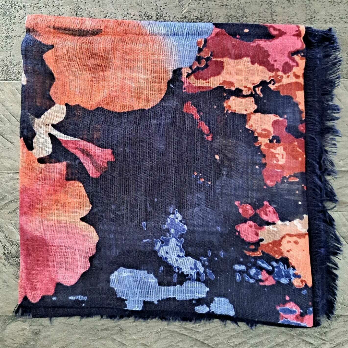Dark navy/peach/blue floral - soft fringes tichel