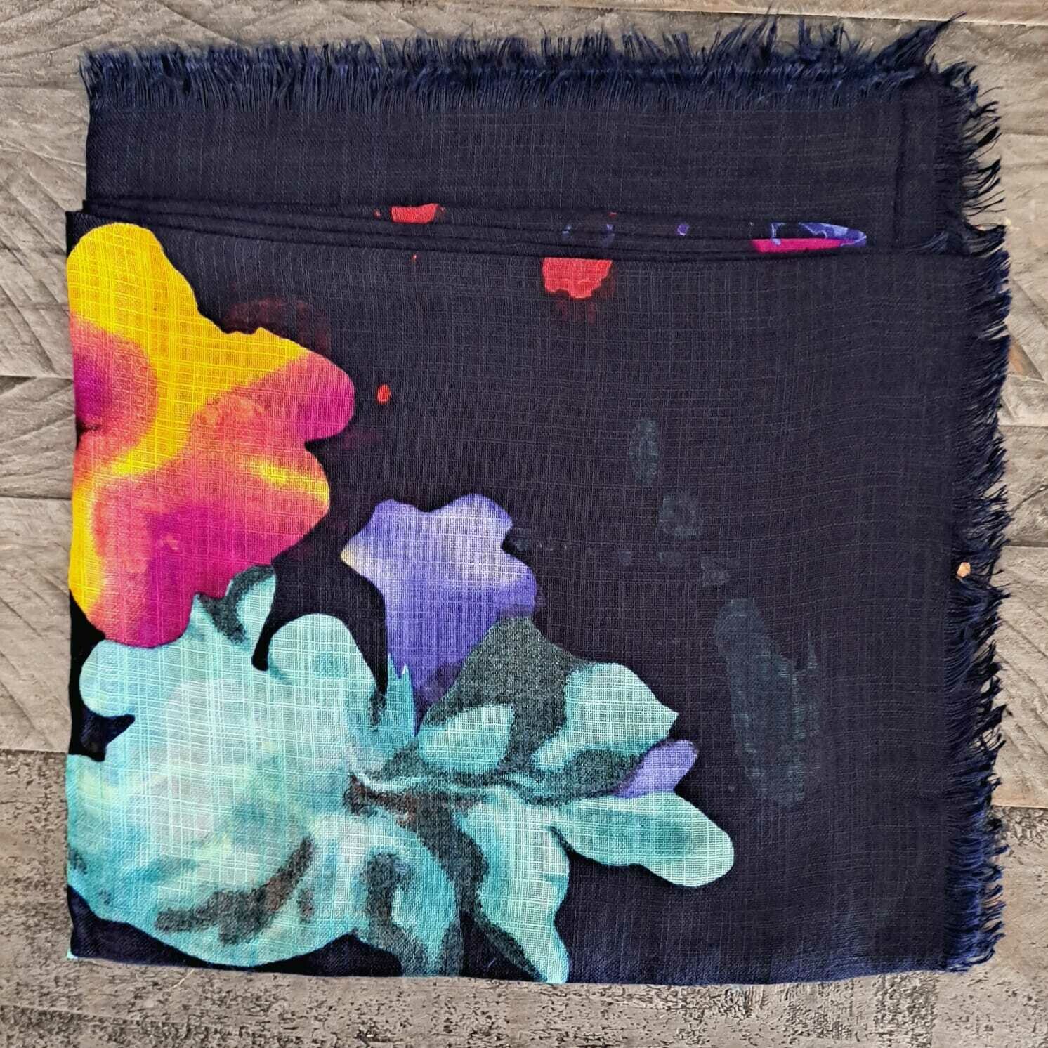 Dark navy/sea green floral - soft fringes tichel