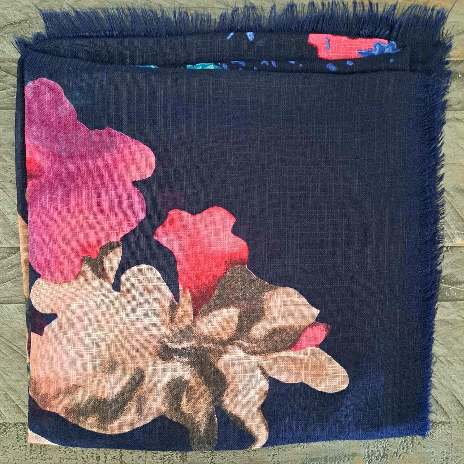 Dark navy/pink floral - soft fringes tichel