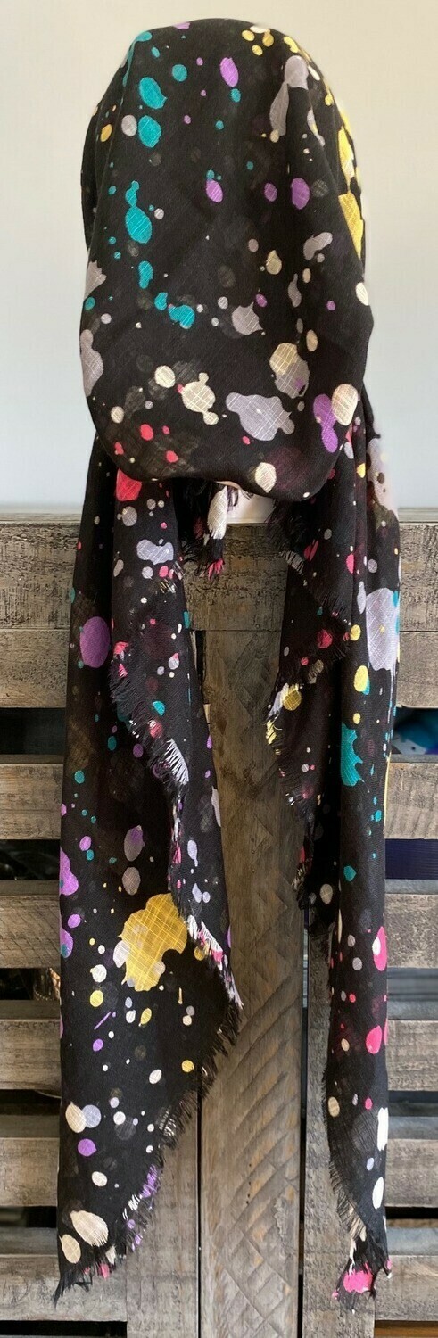 Black paint drops - soft fringes pretied tichel w/band sewn in