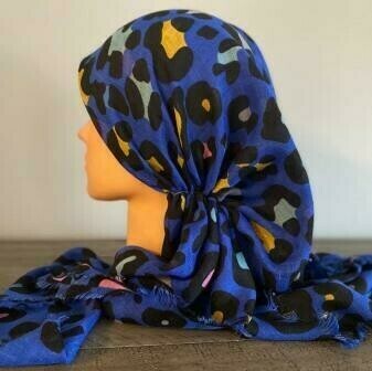Blue leopard - soft fringes pretied tichel w/band sewn in