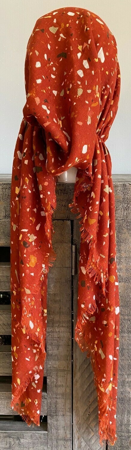 Burnt orange splatter - soft fringes pretied tichel w/band sewn in