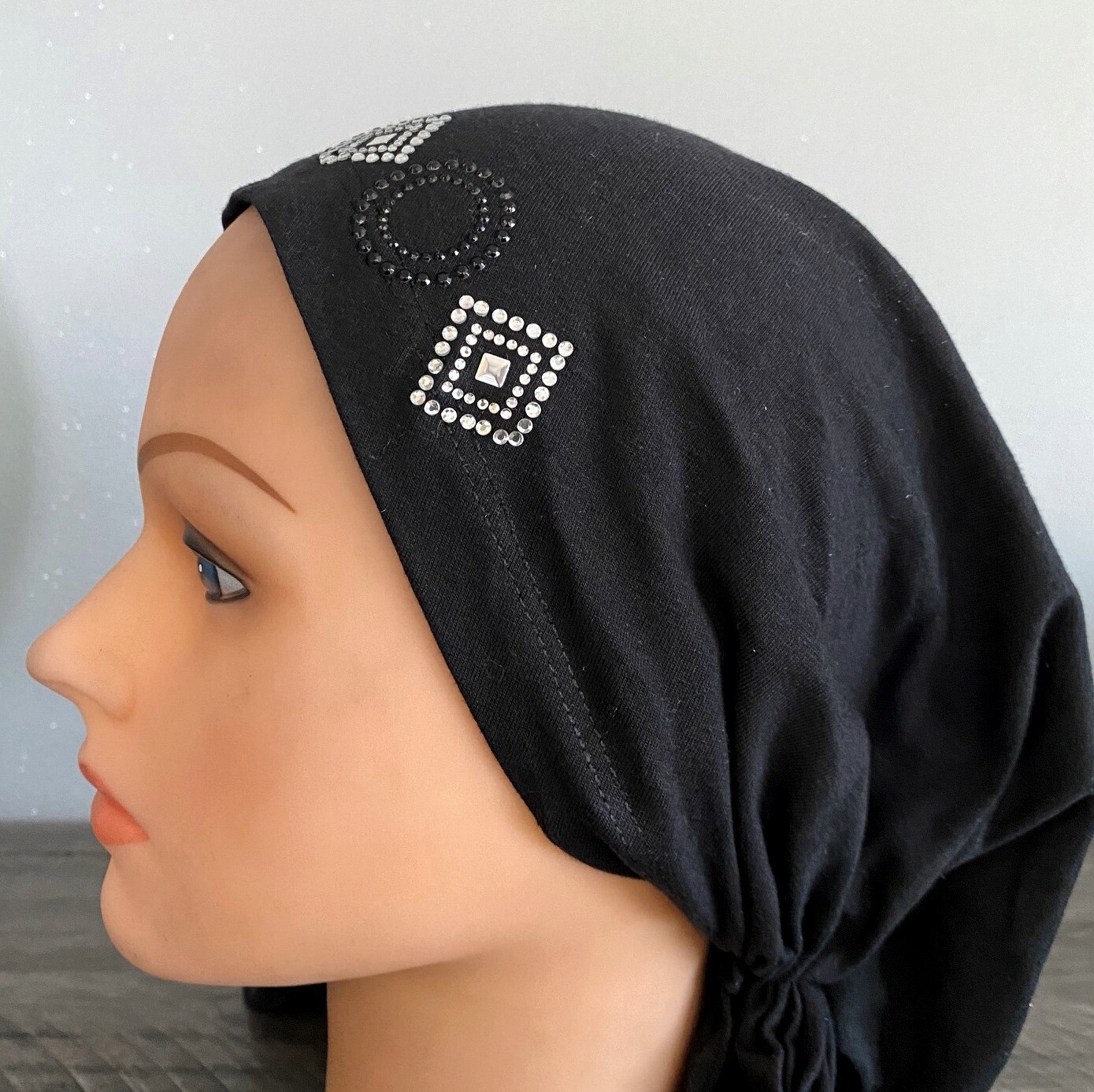 Black pre tied tichel w/silver applique - XL