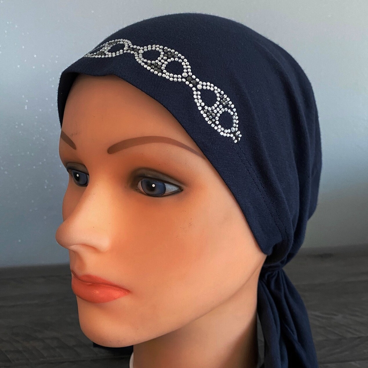 Navy pre tied tichel w/silver applique - XL