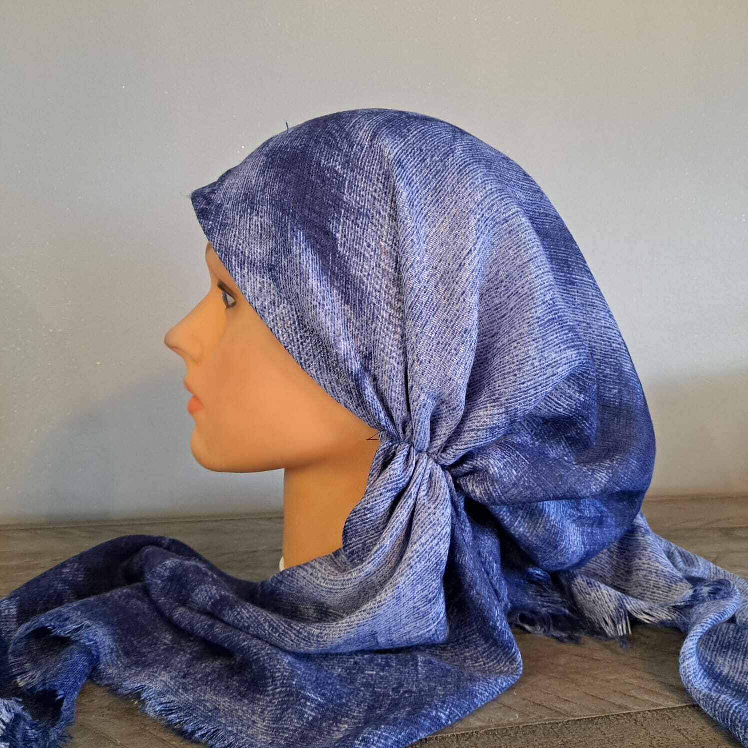 Blue - soft fringes pretied tichel