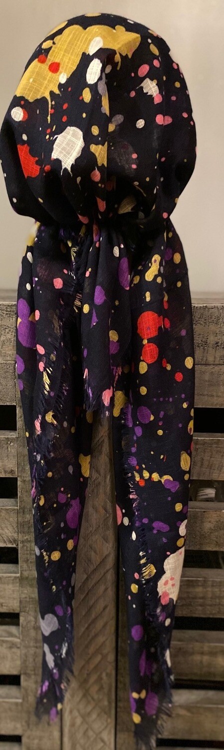 Navy splattered - soft fringes pretied tichel w/band sewn in