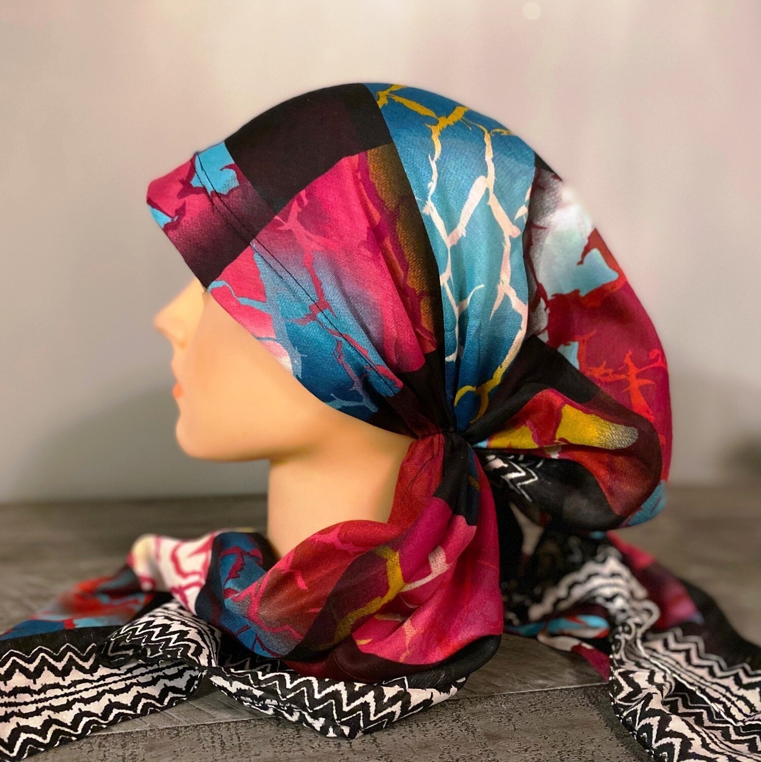 Multicolored pretied Turkish Tichel w/band sewn in