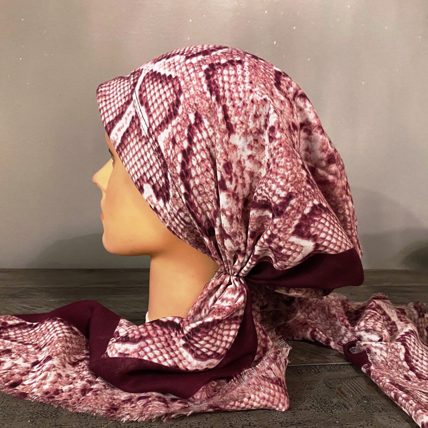 Maroon - soft fringes pretied tichel w/band sewn in