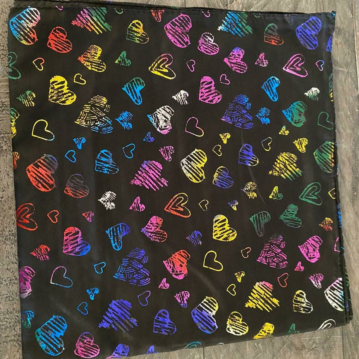 Black/colorful metallic hearts tichel