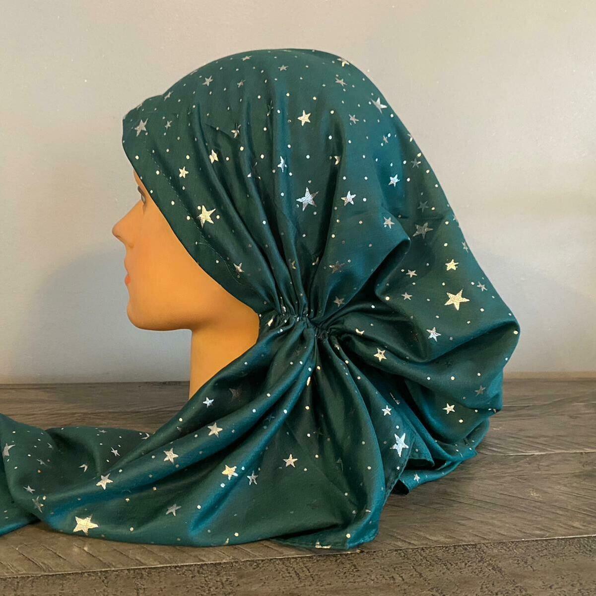 Green- silver mini stars pretied tichel