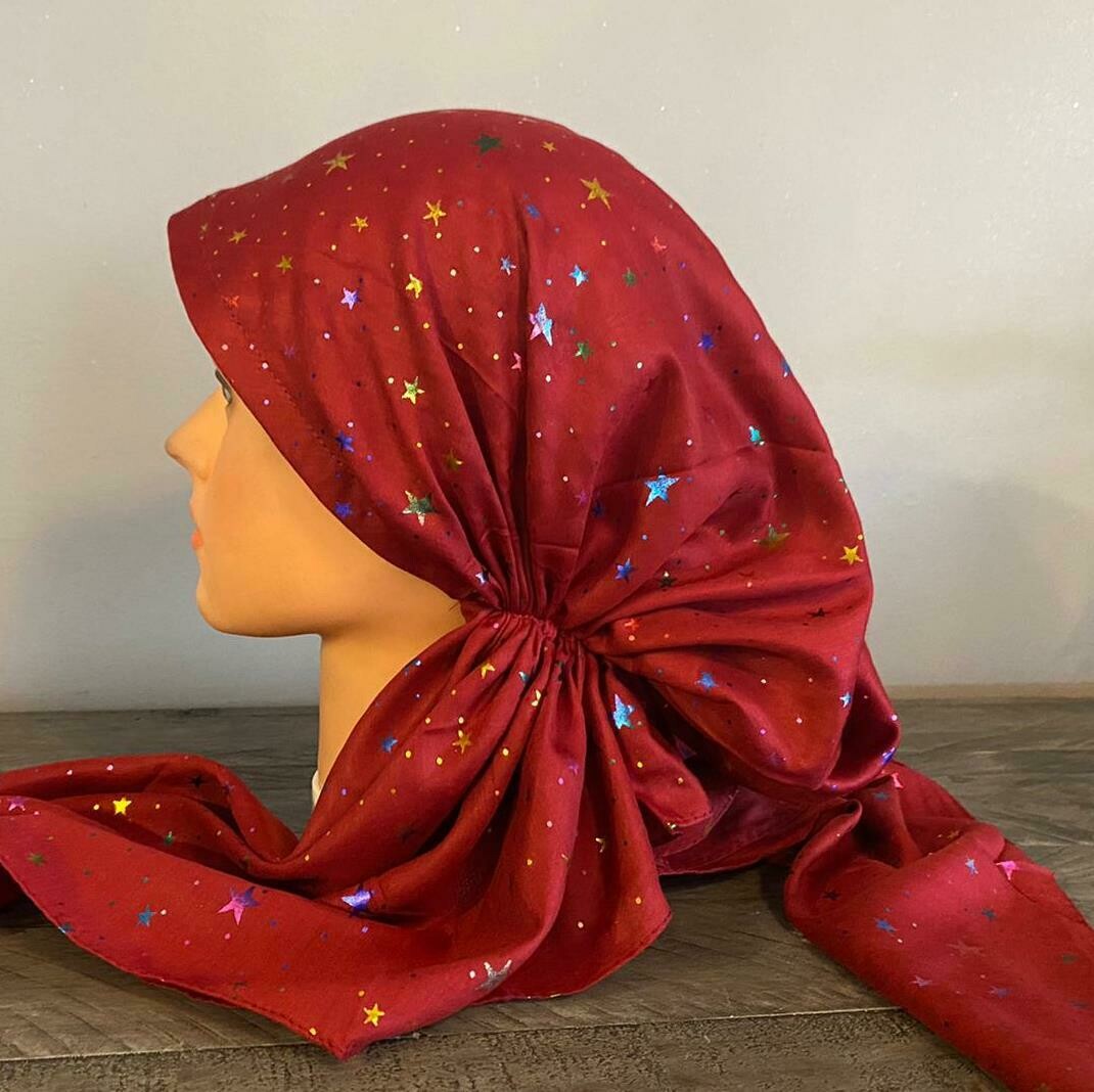 Maroon- colorful mini stars pretied tichel