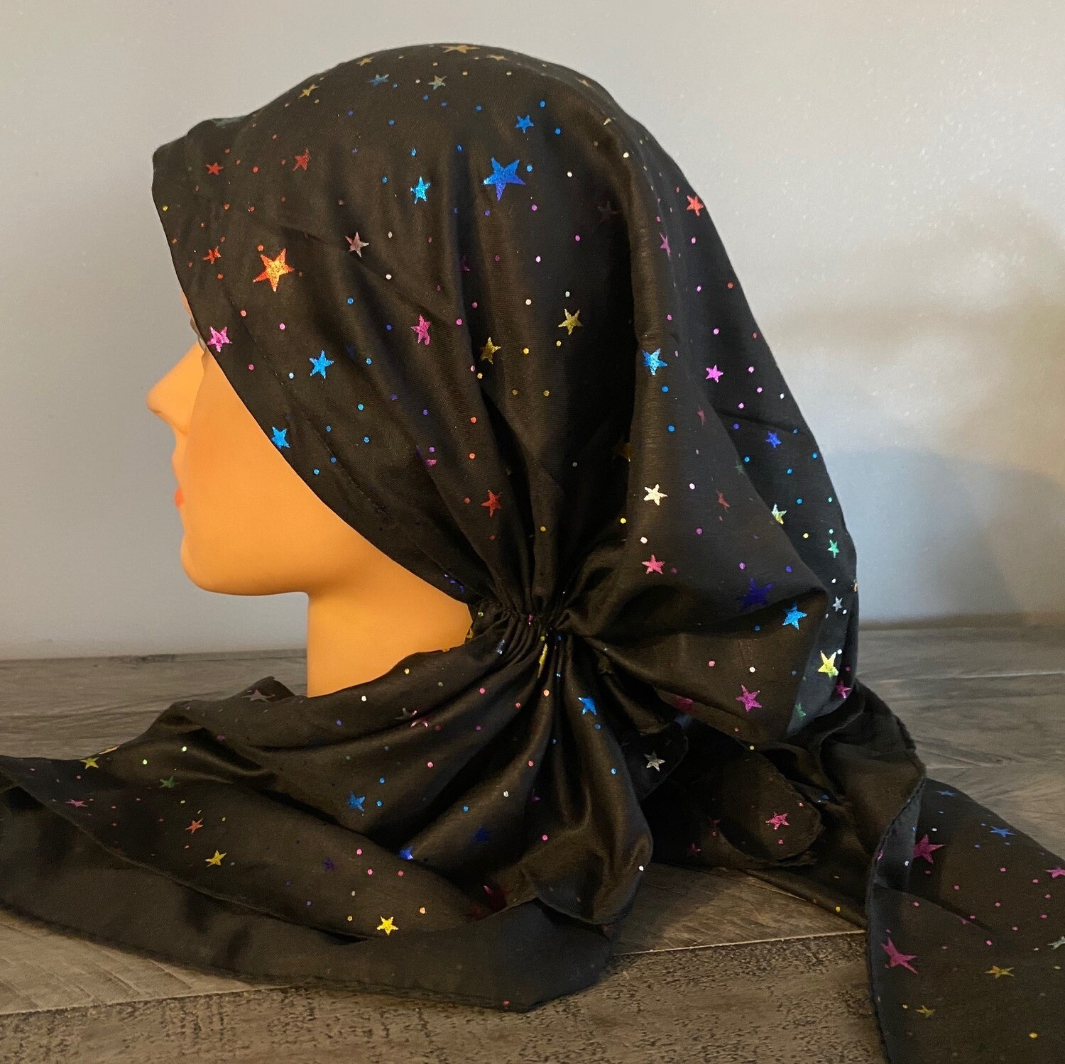 Black - colorful mini stars pretied tichel