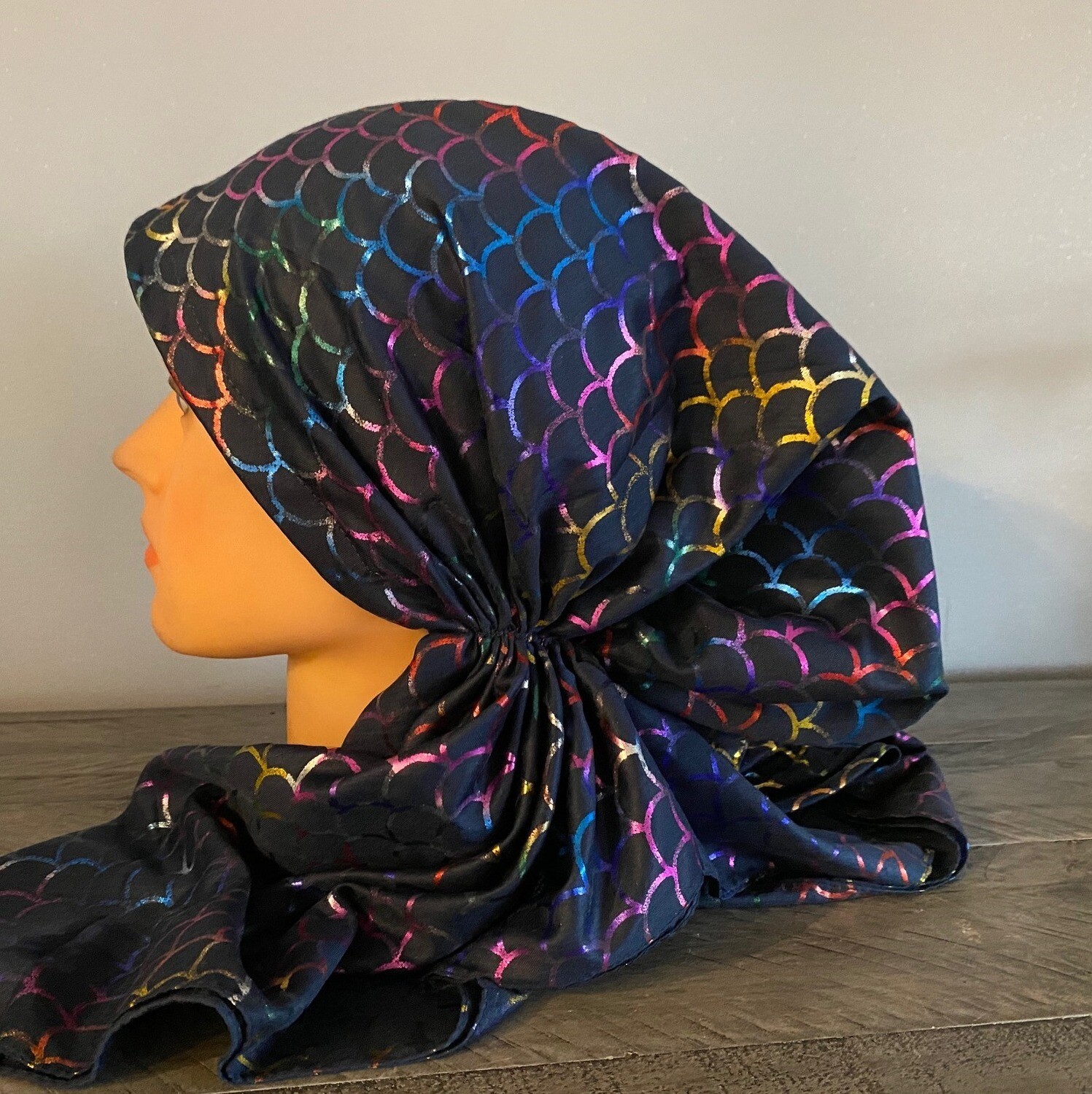 Navy - colorful scales patterned pretied tichel