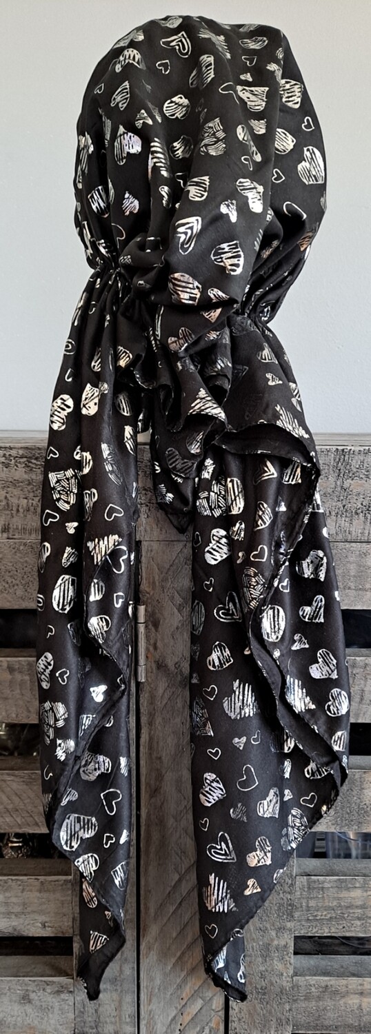 Black- silver metallic hearts pretied tichel