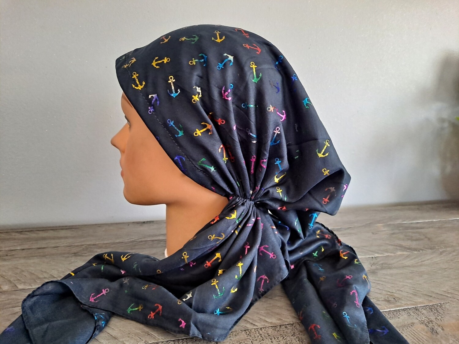Navy - colorful metallic anchors pretied tichel