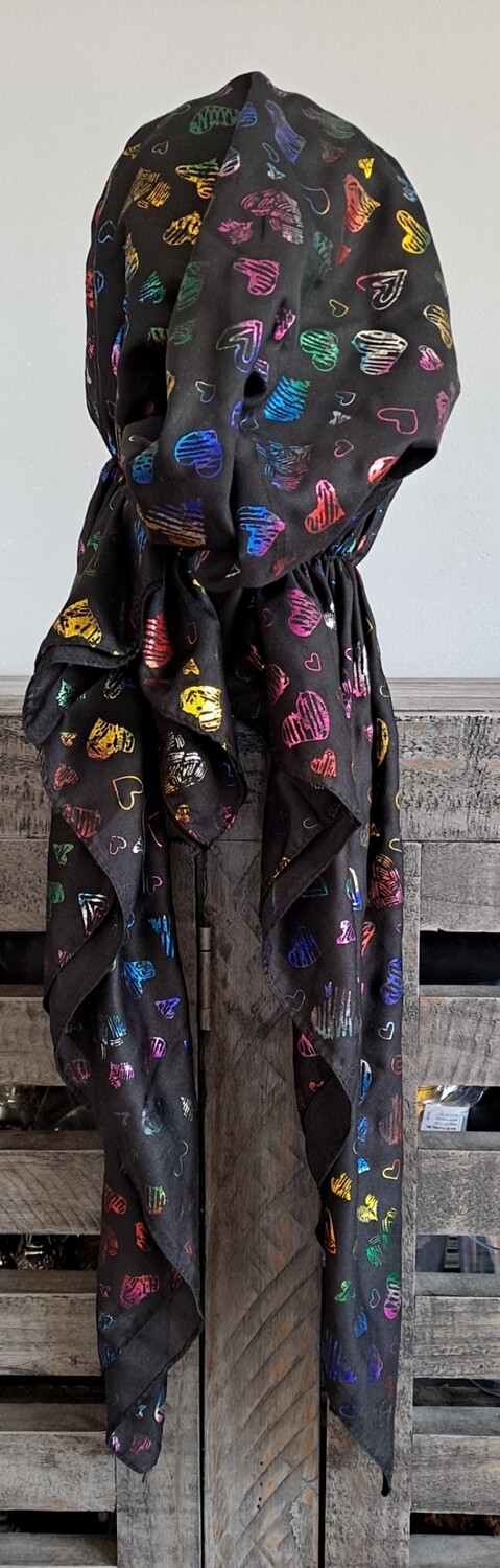 Black- colorful metallic hearts pretied tichel