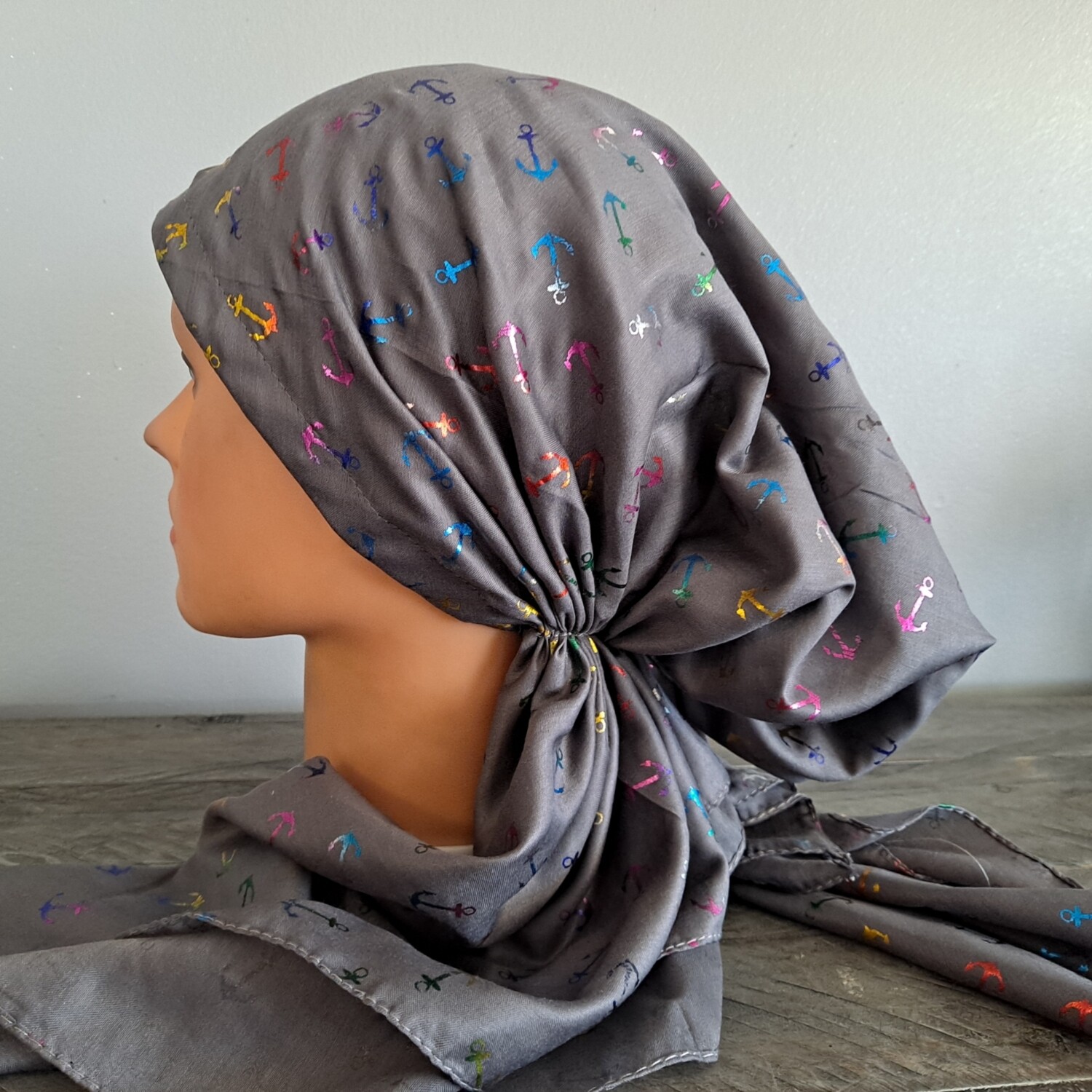 Dark gray - colorful metallic anchors pretied tichel