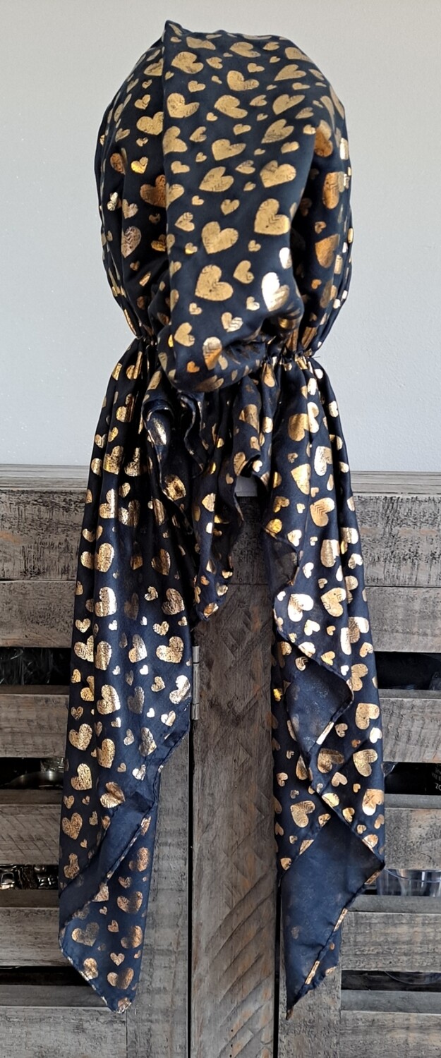 Navy - solid gold metallic hearts pretied tichel