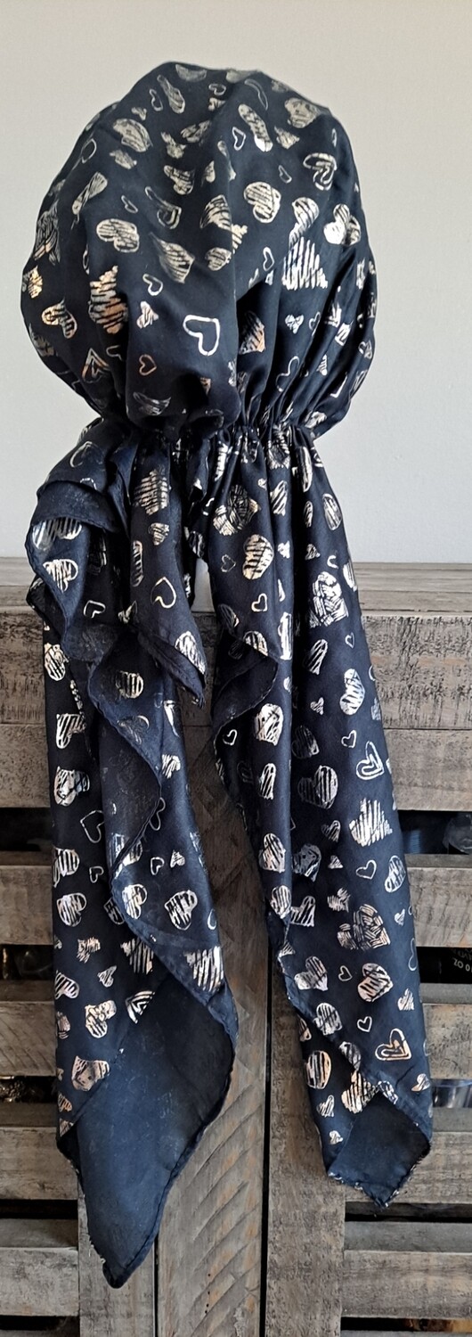 Navy - silver metallic hearts pretied tichel