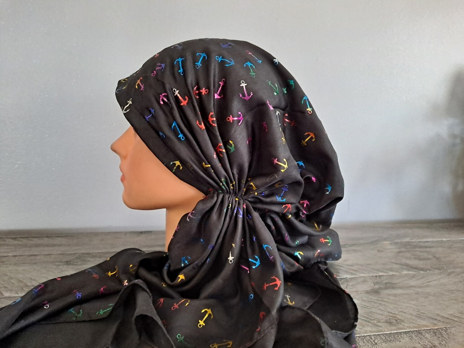 Black - colorful metallic anchors pretied tichel
