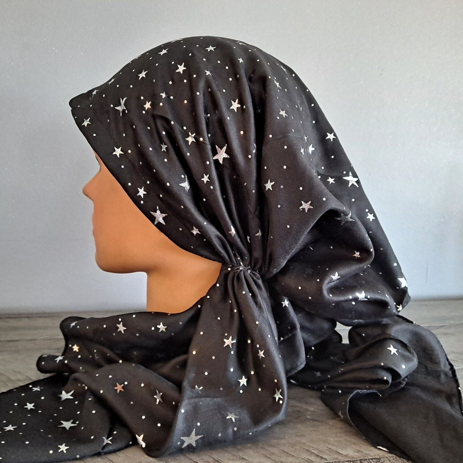Black - silver mini stars pretied tichel