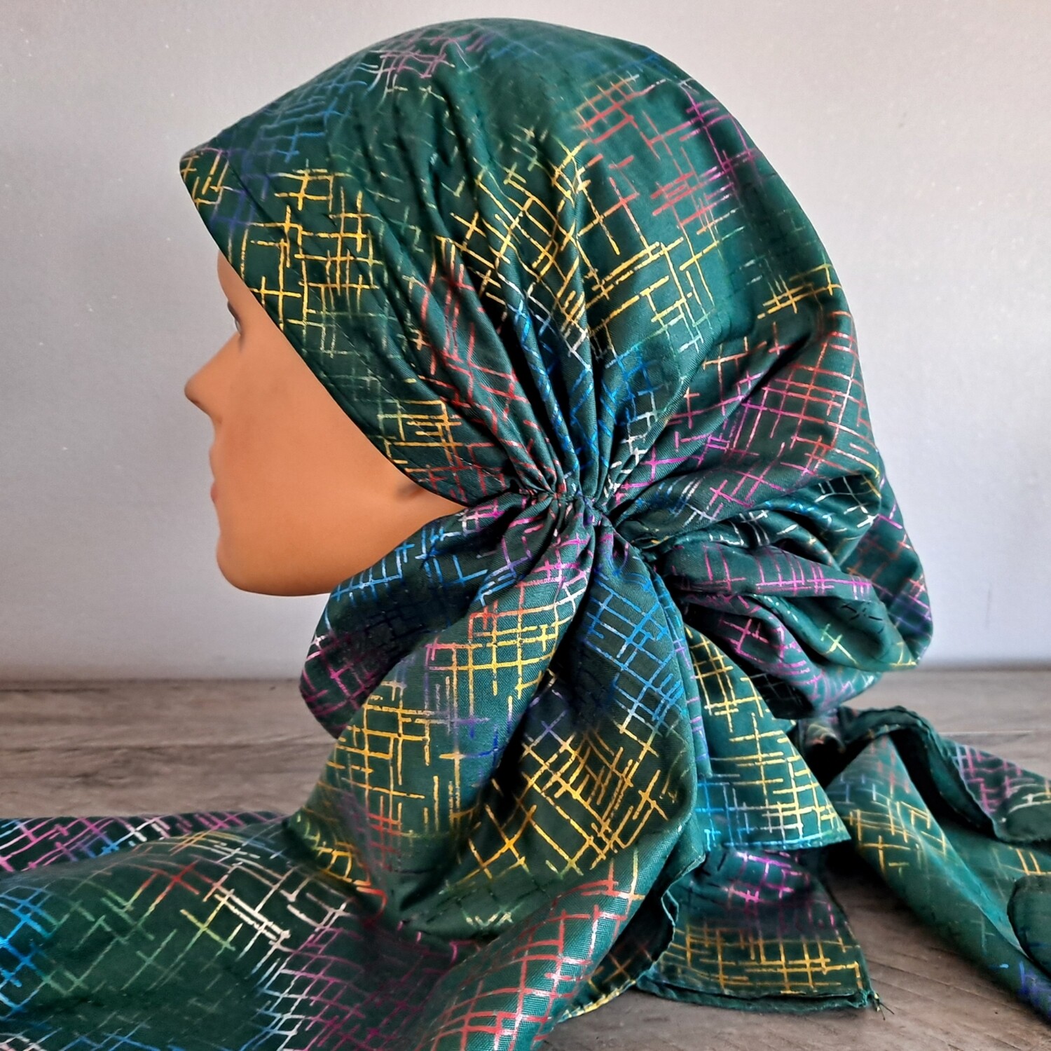 Green - colorful lines patterned pretied tichel