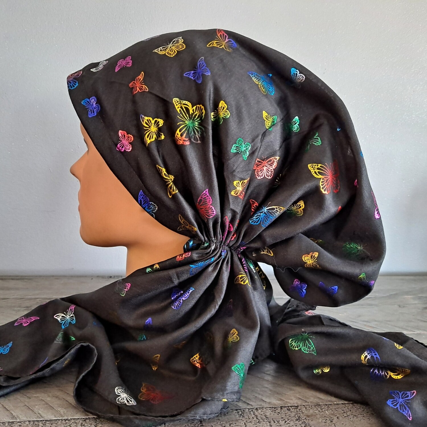 Black - colorful butterflies patterned pretied tichel
